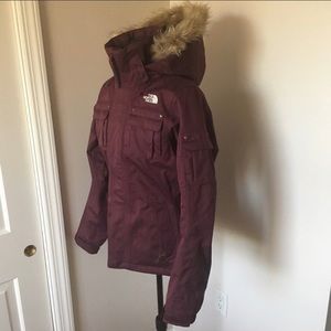 North Face Purple Pinstripe Fur Trim Snow Jacket